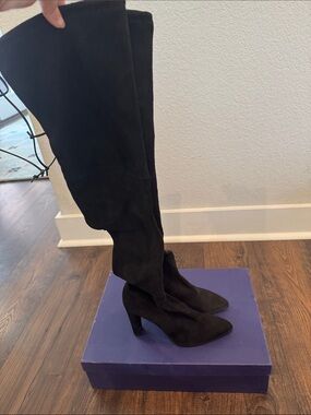 Stuart Weitzman Black Suede Over-the-Knee Heeled Boots